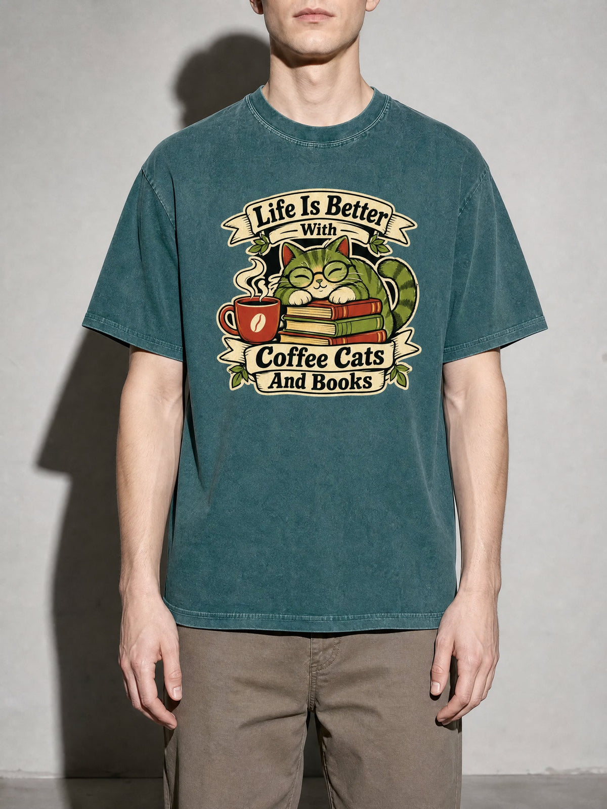 Coffee, Cats and Books Premium Shirt - Blue Spruce - on-model zoom
