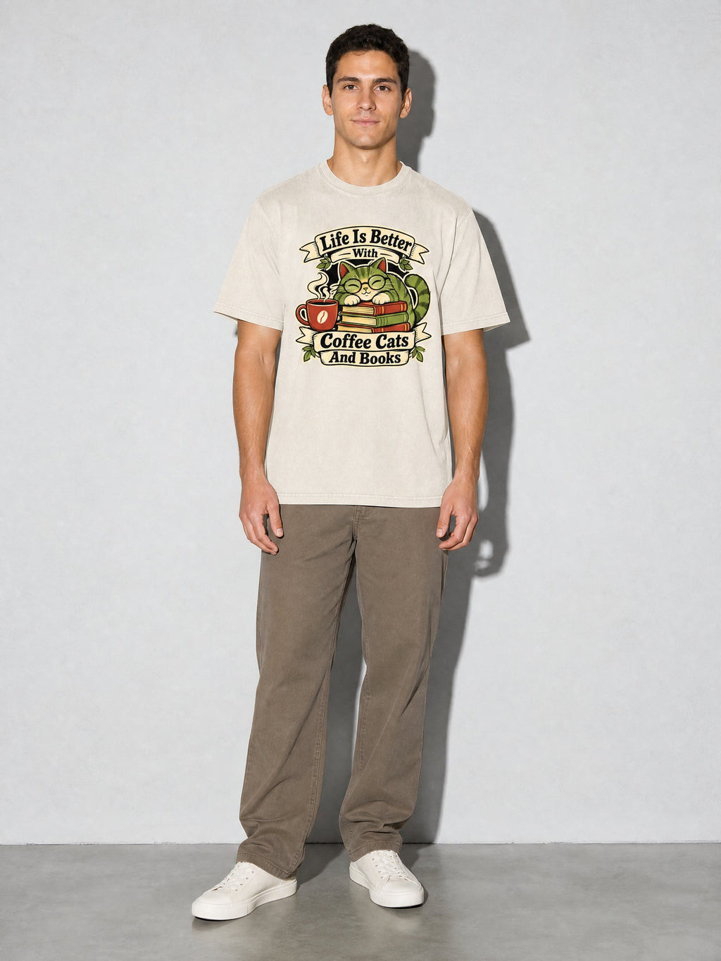 Coffee, Cats and Books Premium Shirt - Ivory - on-model full length