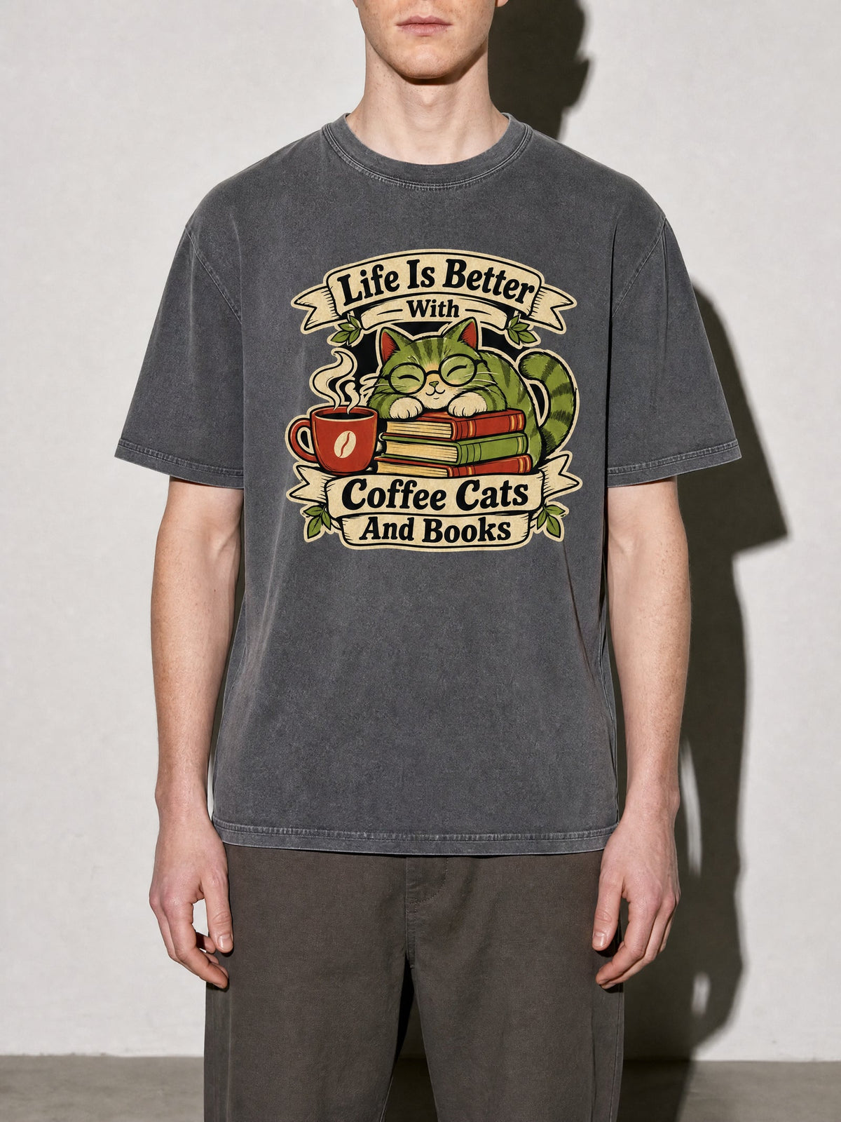 Coffee, Cats and Books Premium Shirt - Pepper - on-model zoom