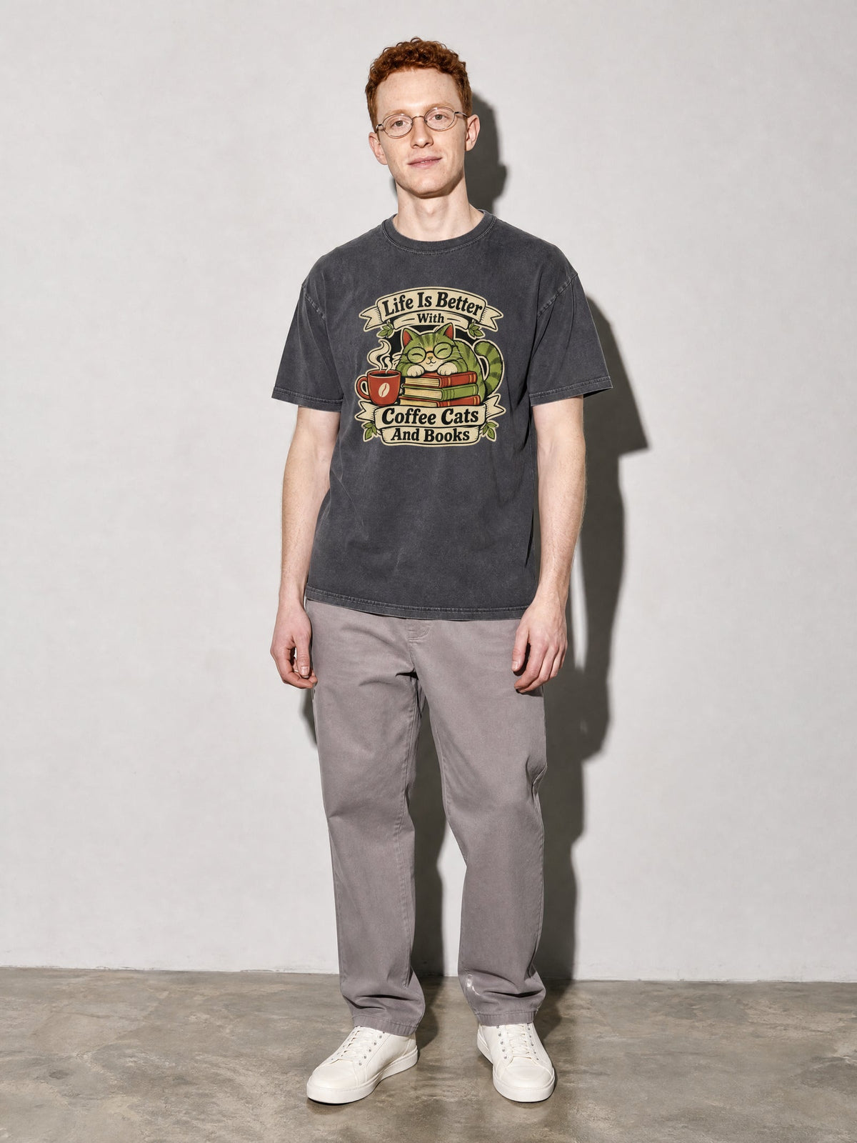Coffee, Cats and Books Premium Shirt - Pepper - on-model full length