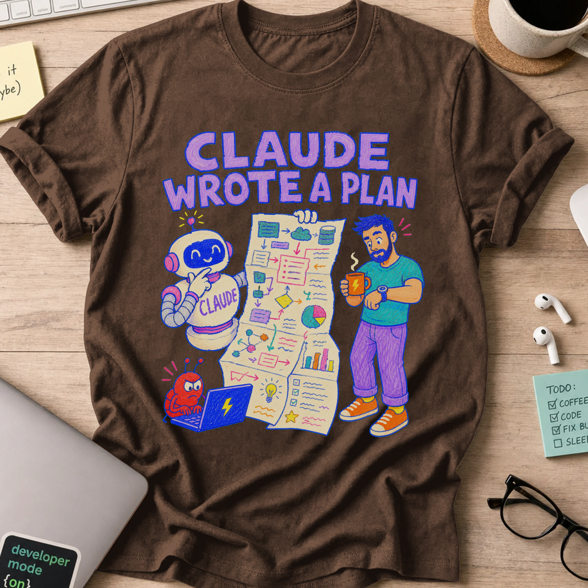 Claude Wrote a Plan Shirt — Dark Chocolate storefront mockup