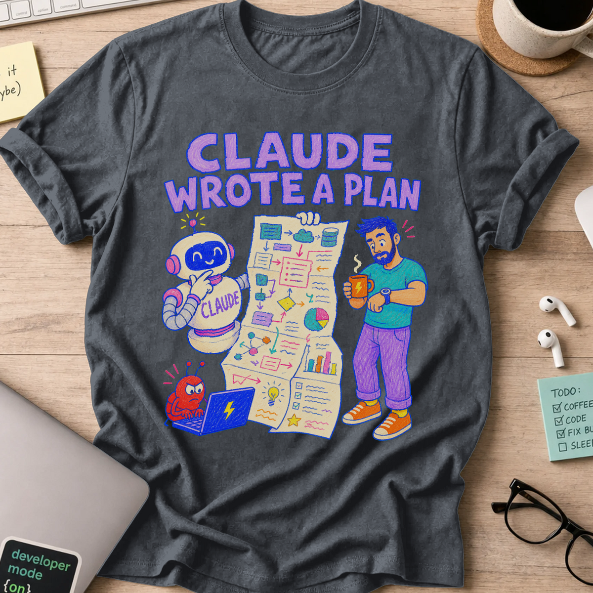 Claude Wrote a Plan Shirt — Dark Heather storefront mockup