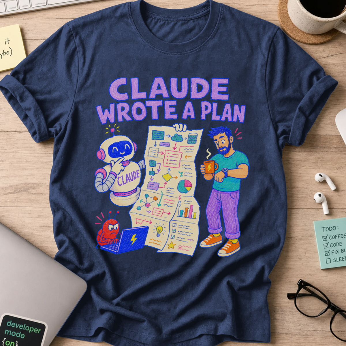 Claude Wrote a Plan Shirt — Navy storefront mockup