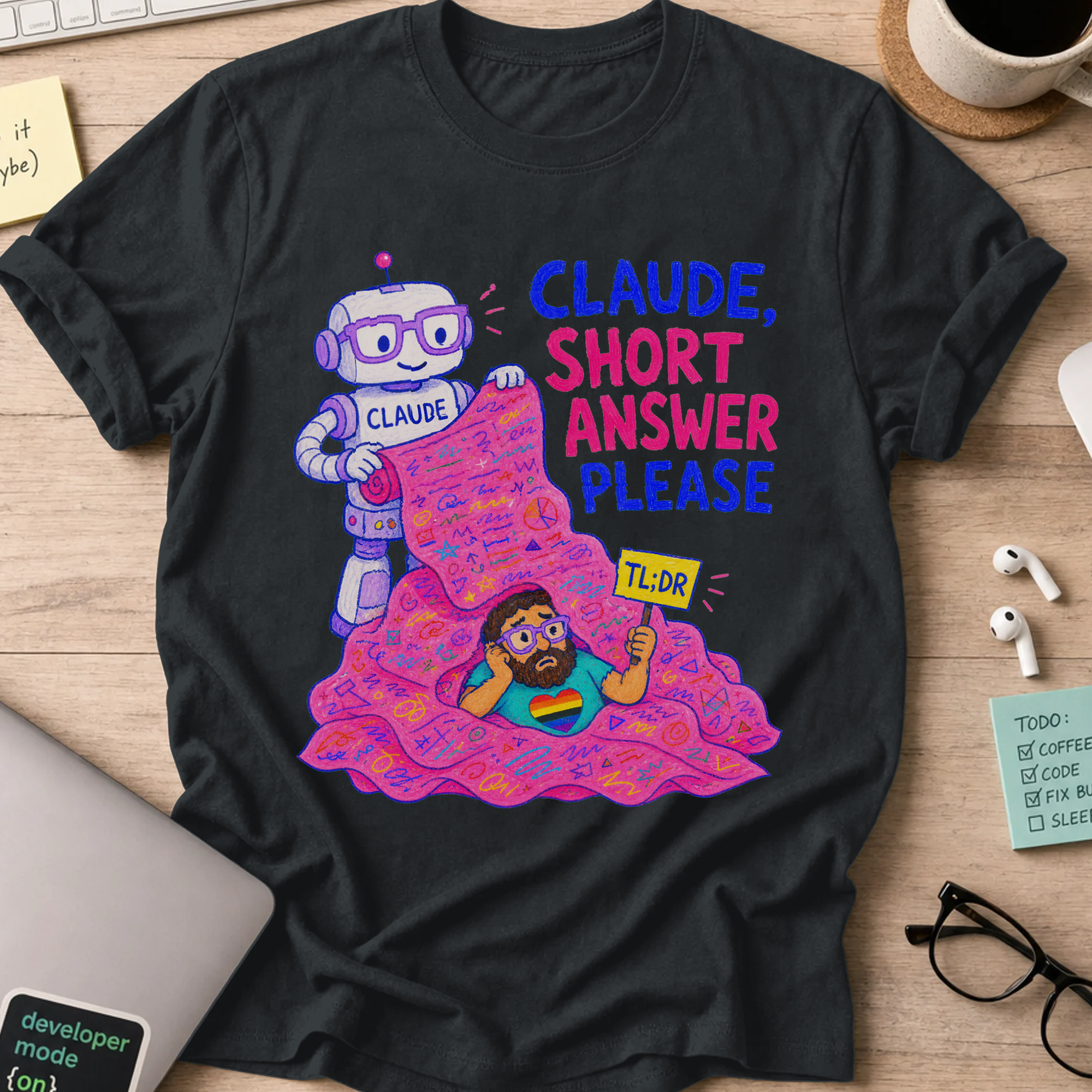 Claude, Short Answer Please Shirt — Black storefront mockup