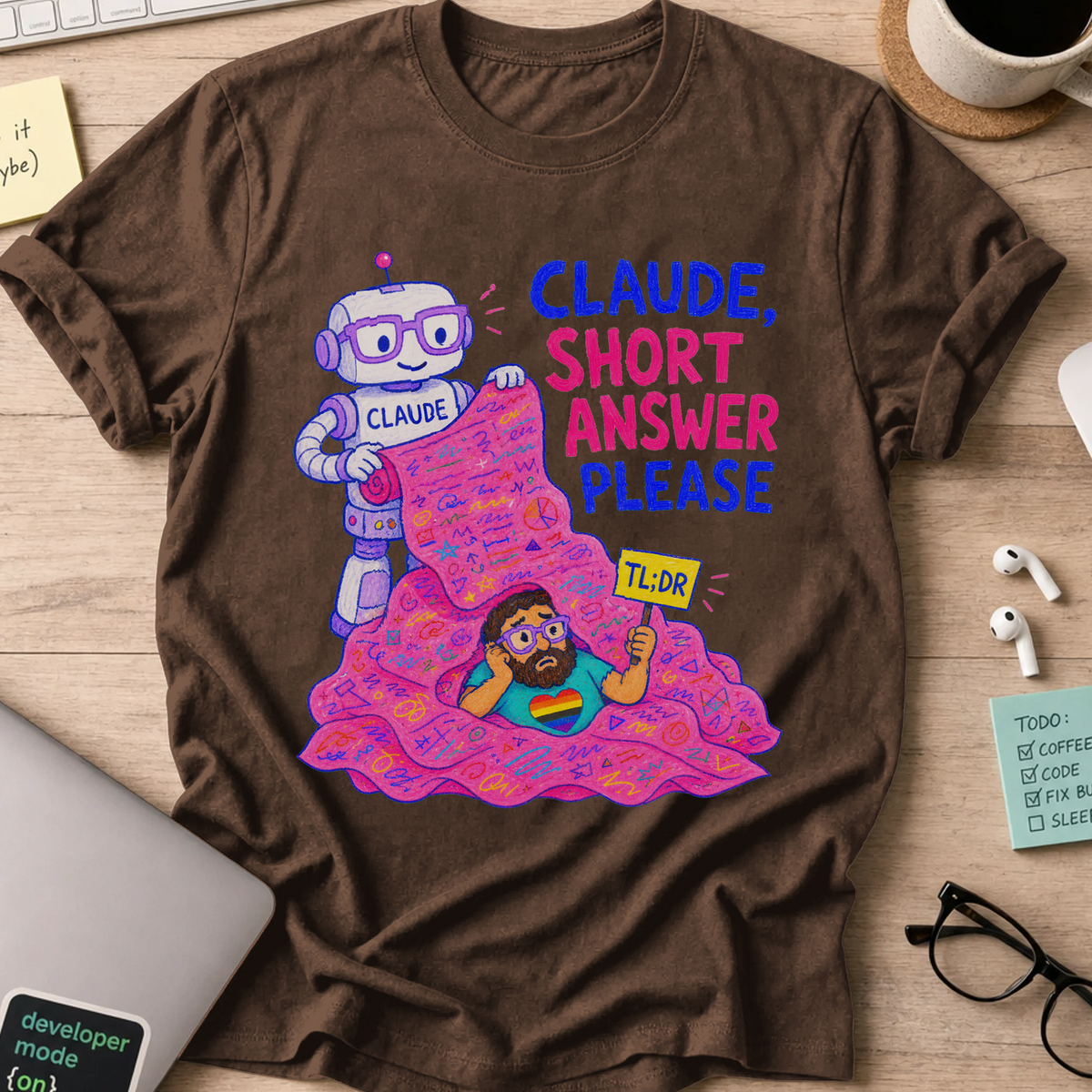 Claude, Short Answer Please Shirt — Dark Chocolate storefront mockup
