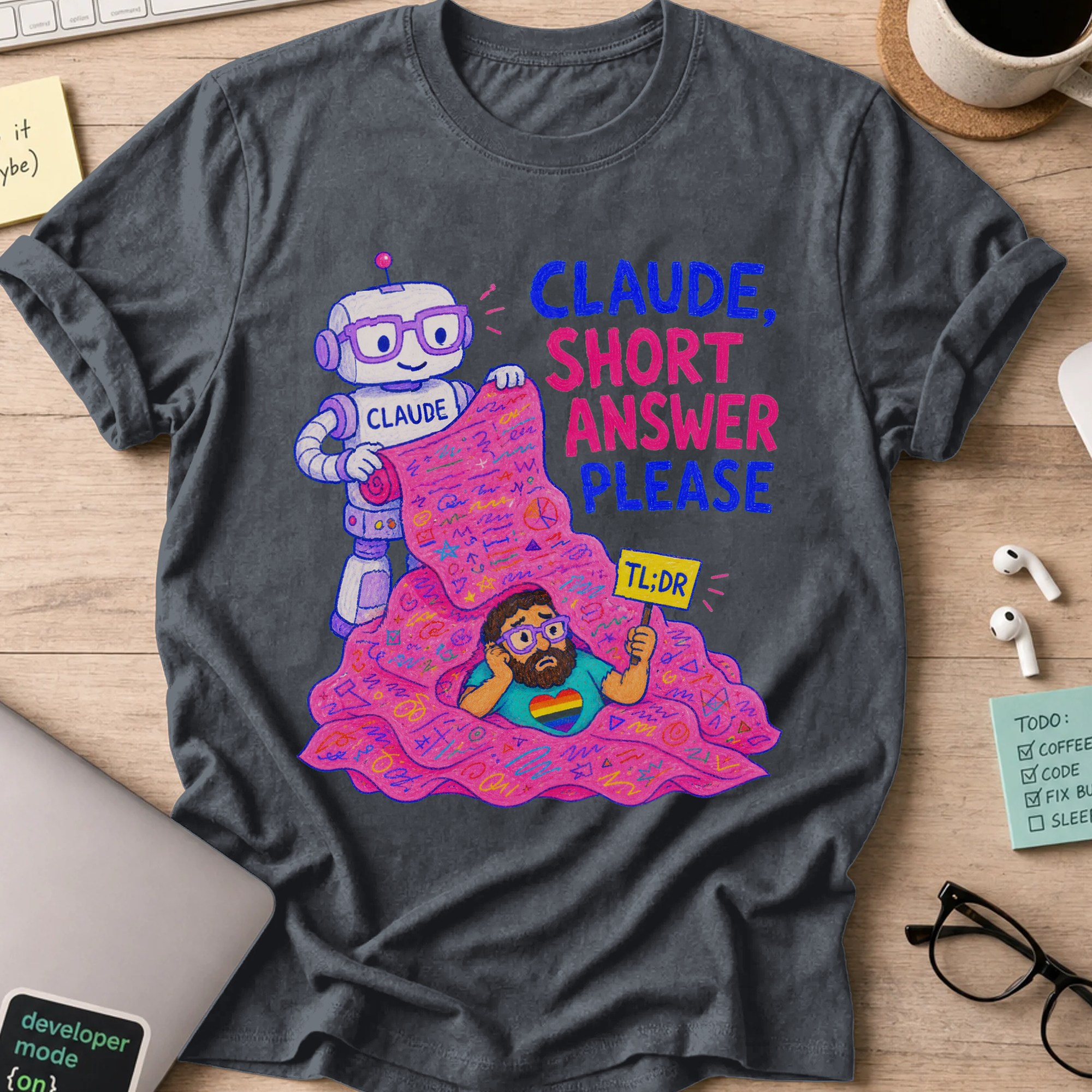Claude, Short Answer Please Shirt — Dark Heather storefront mockup