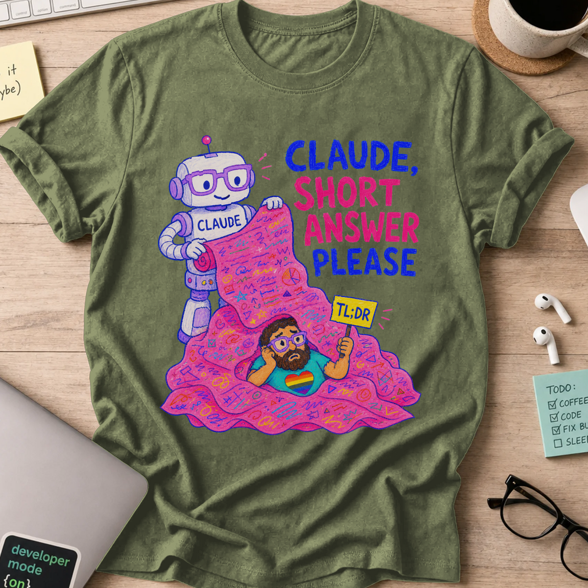 Claude, Short Answer Please Shirt — Military Green storefront mockup