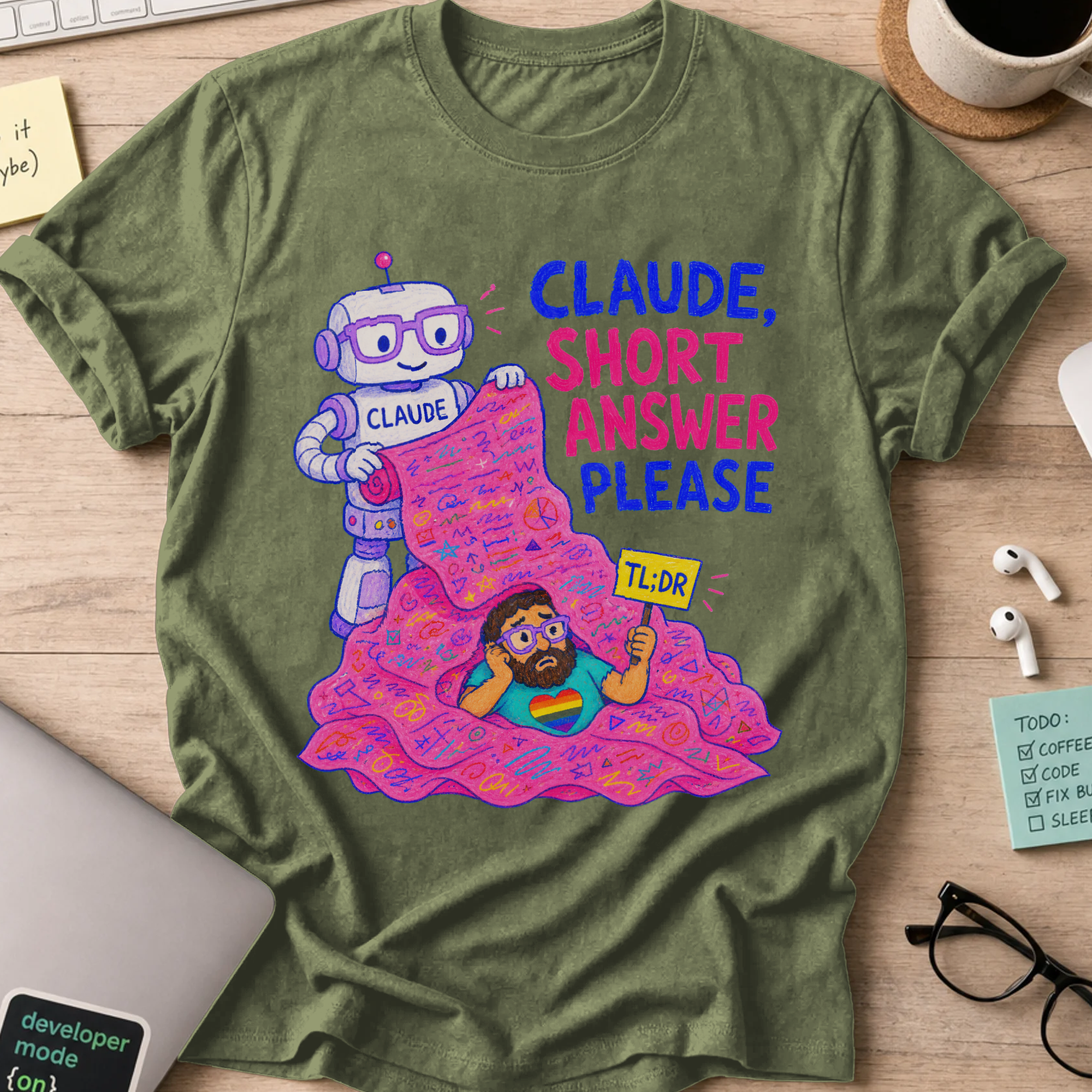 Claude, Short Answer Please Shirt — Military Green storefront mockup