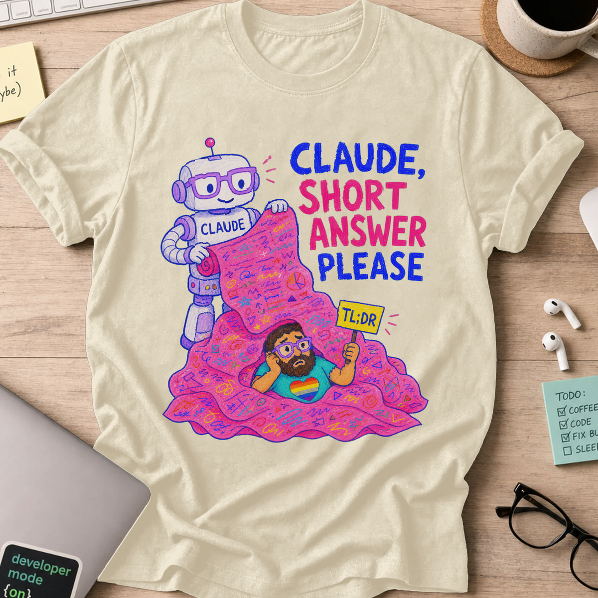 Claude, Short Answer Please Shirt — Natural storefront mockup