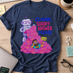 Claude, Short Answer Please Shirt — Navy storefront mockup