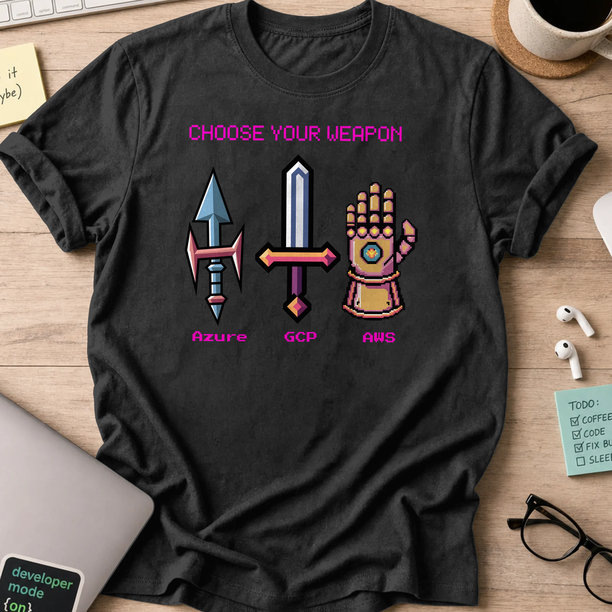Black programmer shirt printed with "Cloud platform weapon", a funny developer t-shirt and coding gift for software engineers and coders.