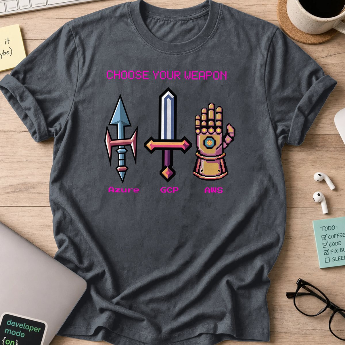 Dark Heather programmer shirt printed with "Cloud platform weapon", a funny developer t-shirt and coding gift for software engineers and coders.
