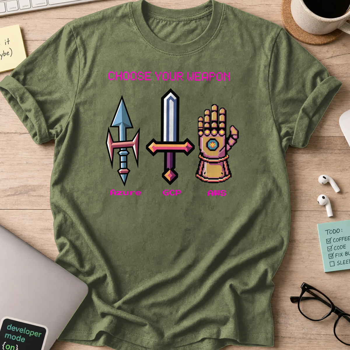 Military Green programmer shirt printed with "Cloud platform weapon", a funny developer t-shirt and coding gift for software engineers and coders.