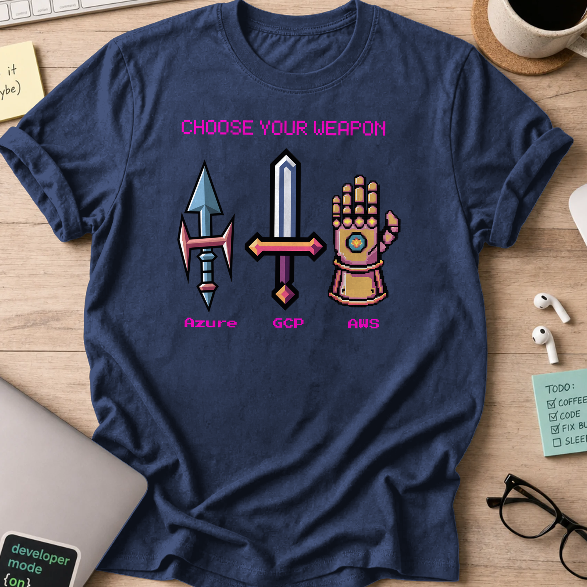 Navy programmer shirt printed with "Cloud platform weapon", a funny developer t-shirt and coding gift for software engineers and coders.