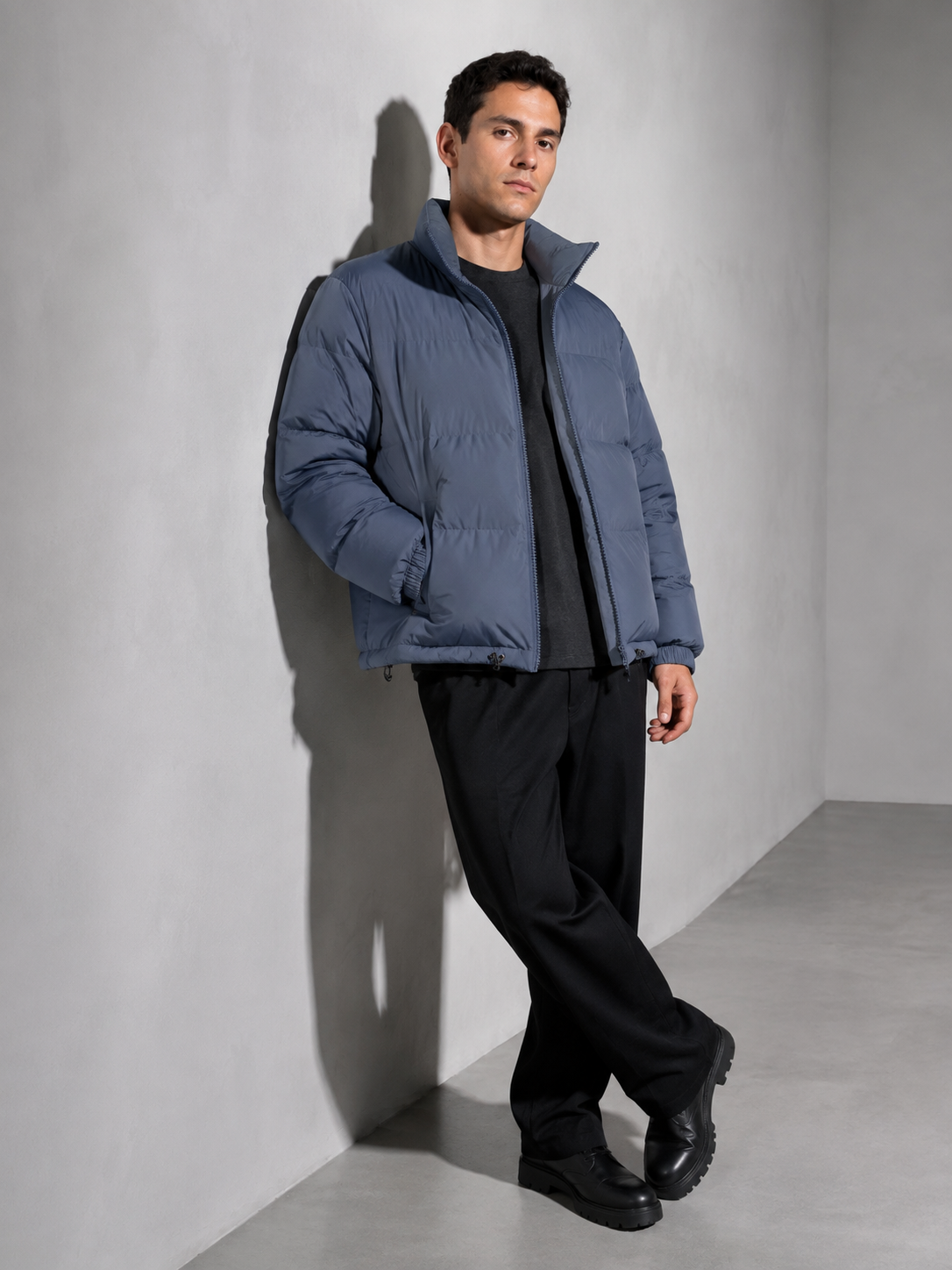 Men's Loose Solid Coat — blue — seated or lean