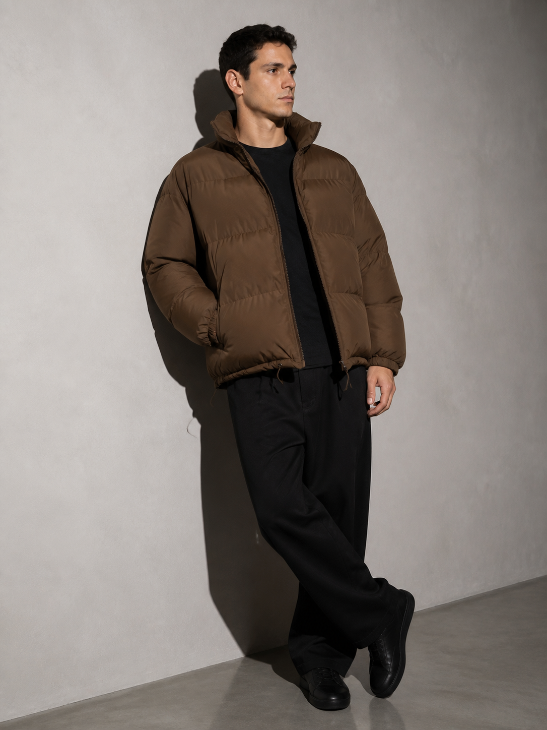 Men's Loose Solid Coat — coffee — seated or lean