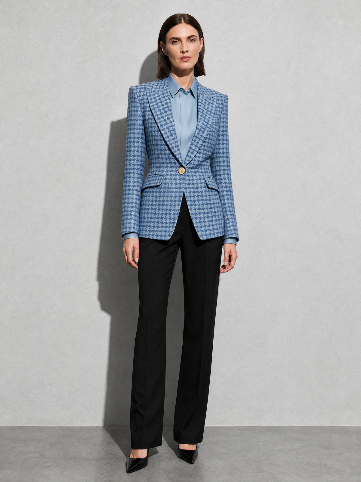 Houndstooth Lapel Slim Fit Suit Jacket For Women, Long Sleeve — Blue — main