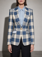 Houndstooth Lapel Slim Fit Suit Jacket For Women, Long Sleeve — Blue White — bust_to_thigh