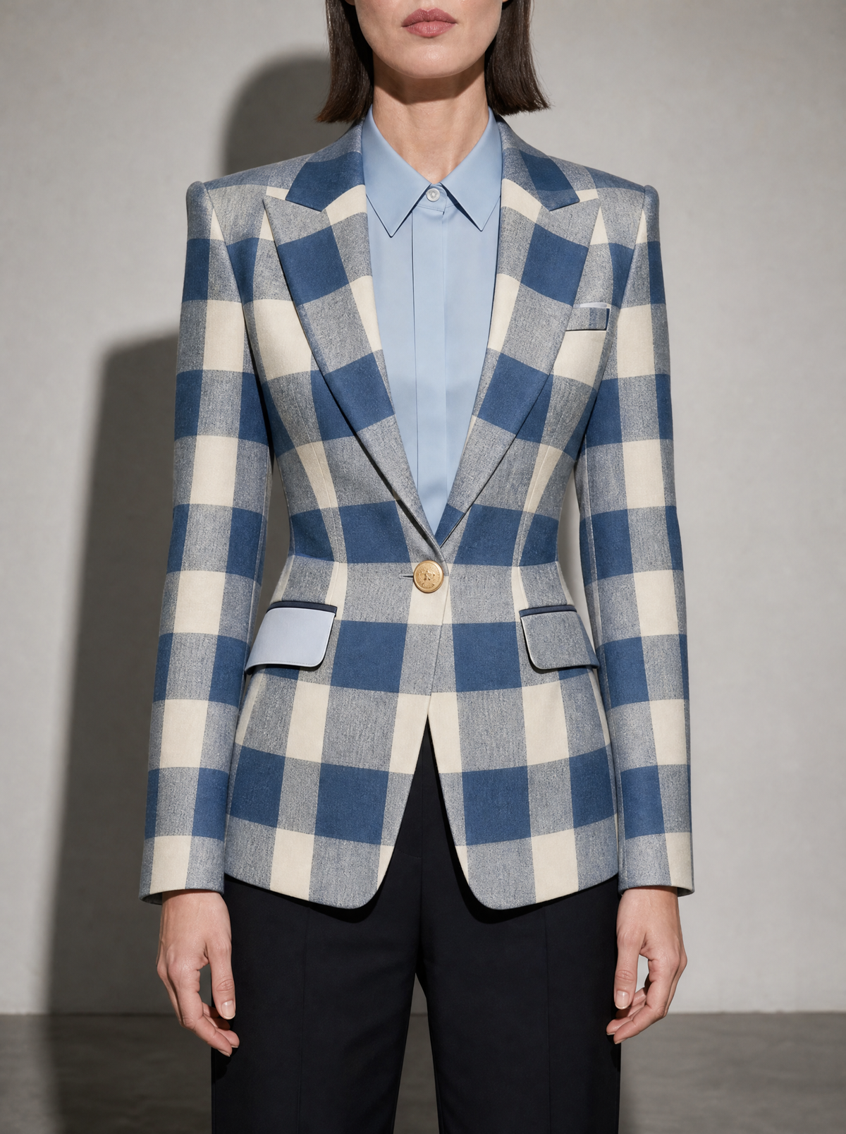 Houndstooth Lapel Slim Fit Suit Jacket For Women, Long Sleeve — Blue White — bust_to_thigh