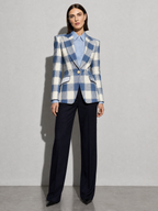 Houndstooth Lapel Slim Fit Suit Jacket For Women, Long Sleeve — Blue White — main