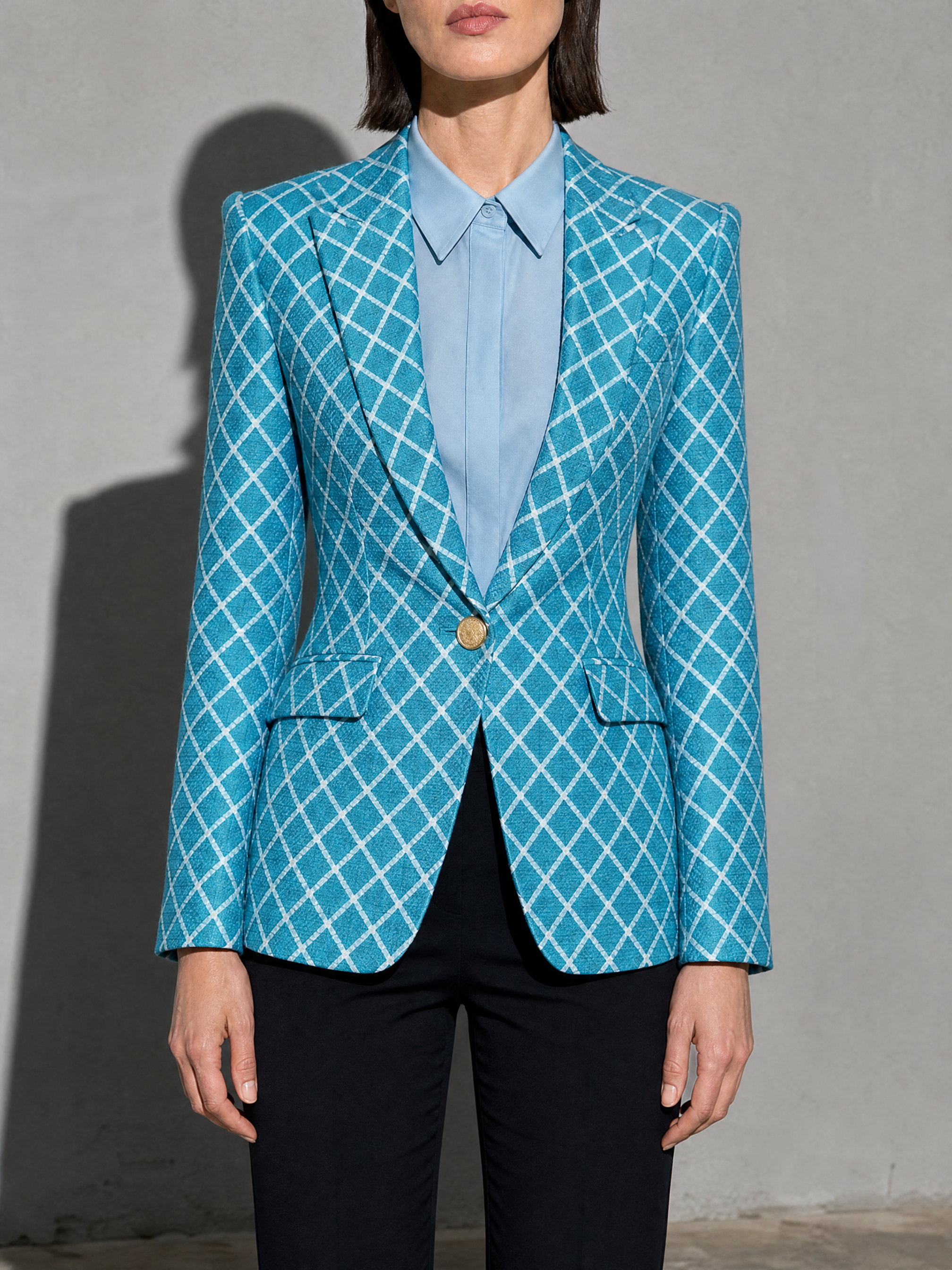 Houndstooth Lapel Slim Fit Suit Jacket For Women, Long Sleeve — Lake blue — bust_to_thigh