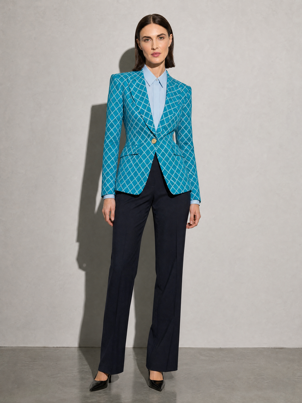 Houndstooth Lapel Slim Fit Suit Jacket For Women, Long Sleeve — Lake blue — main