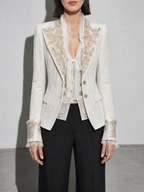 Womens Fashion Printed Lapel Flare-Sleeve Blazer — White — bust_to_thigh