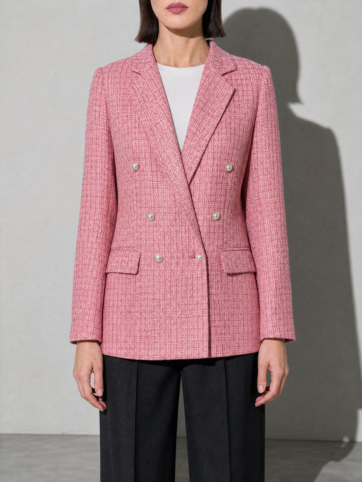 Double Breasted Notched Lapel Blazer Elegant Long Sleeve — PinkRed Color — bust_to_thigh