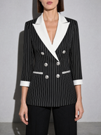 Contrast-color Lapel Double-breasted Three-quarter-sleeve Blazer — Black — bust_to_thigh