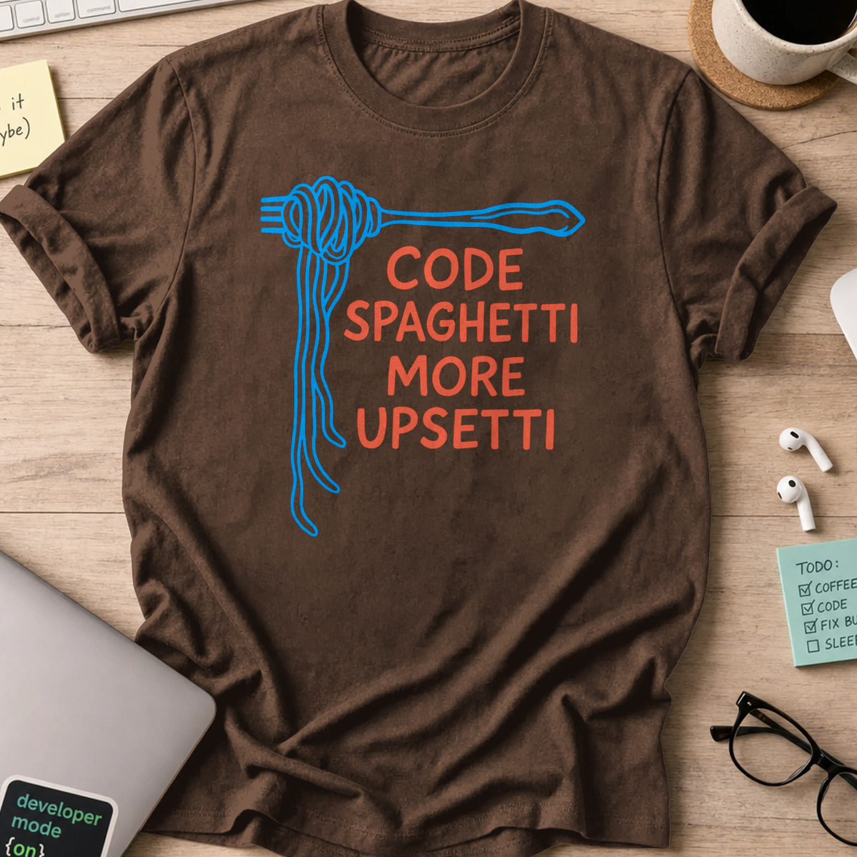 code spaghetti more upsetti shirt - Dark Chocolate