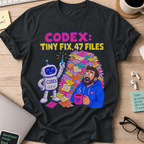 Codex: Tiny Fix, 47 Files Shirt — Black storefront mockup