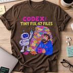 Codex: Tiny Fix, 47 Files Shirt — Dark Chocolate storefront mockup