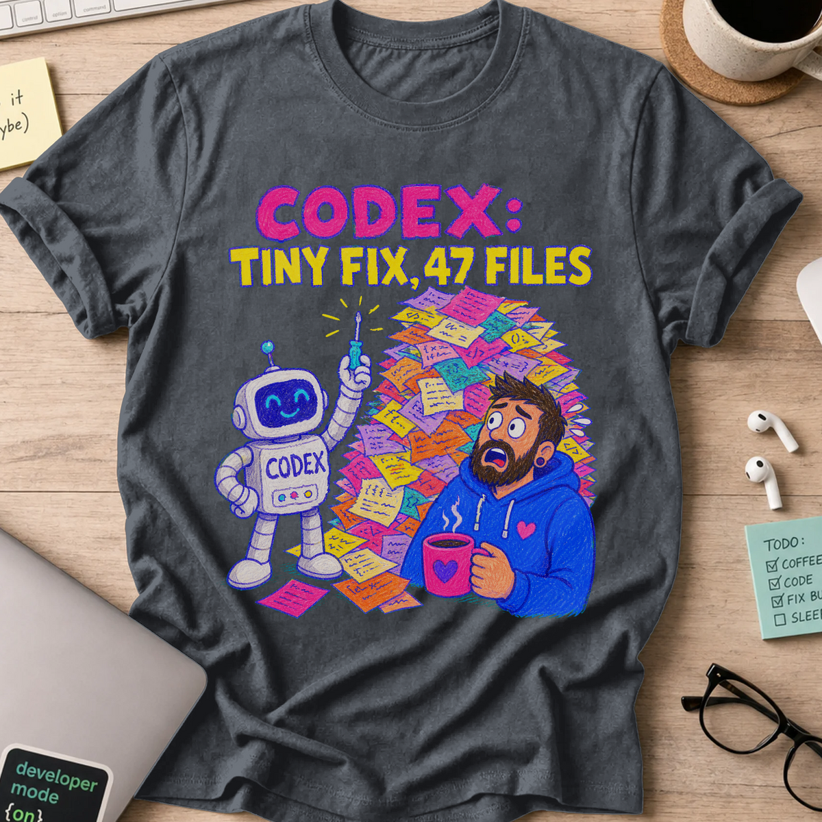 Codex: Tiny Fix, 47 Files Shirt — Dark Heather storefront mockup