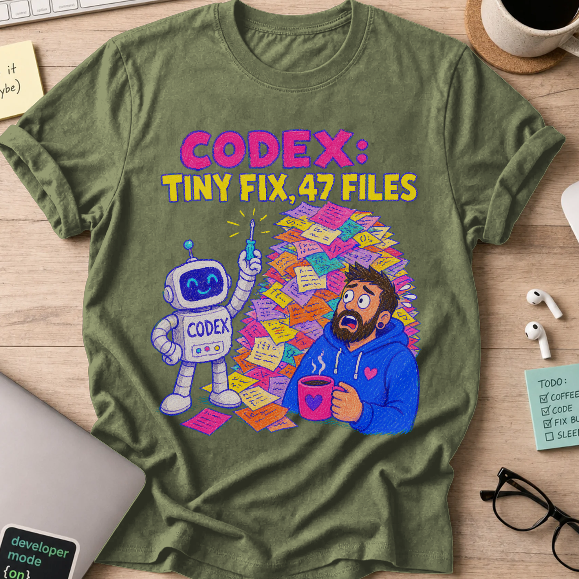 Codex: Tiny Fix, 47 Files Shirt — Military Green storefront mockup