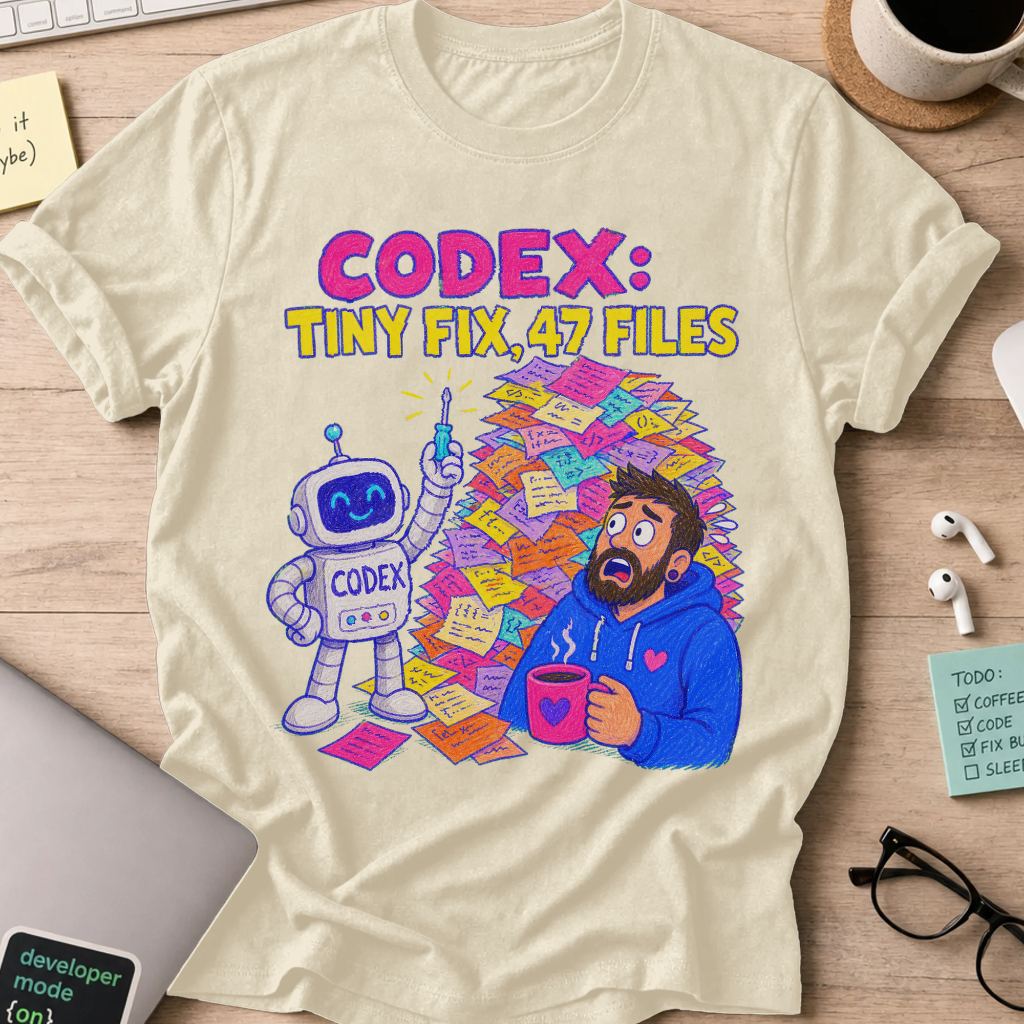 Codex: Tiny Fix, 47 Files Shirt — Natural storefront mockup