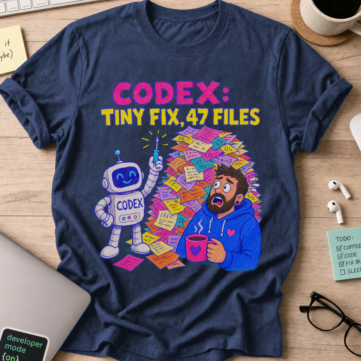 Codex: Tiny Fix, 47 Files Shirt — Navy storefront mockup