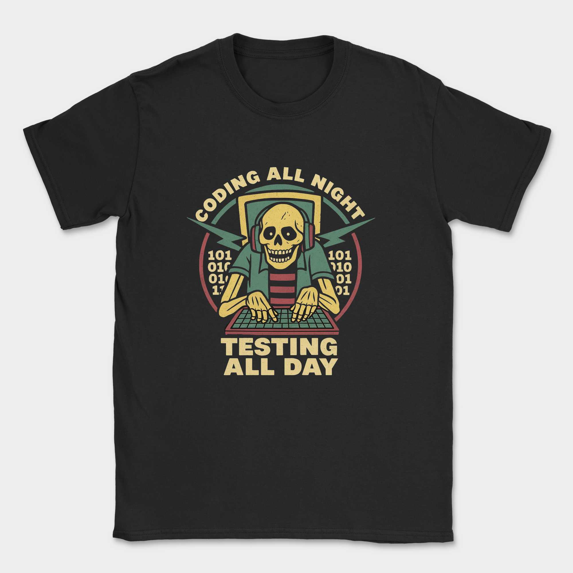 coding all night testing all day shirt — Black