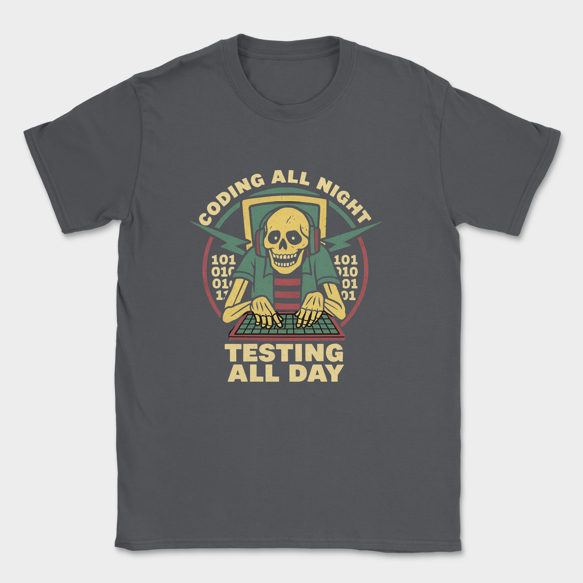 coding all night testing all day shirt — Dark Heather Grey