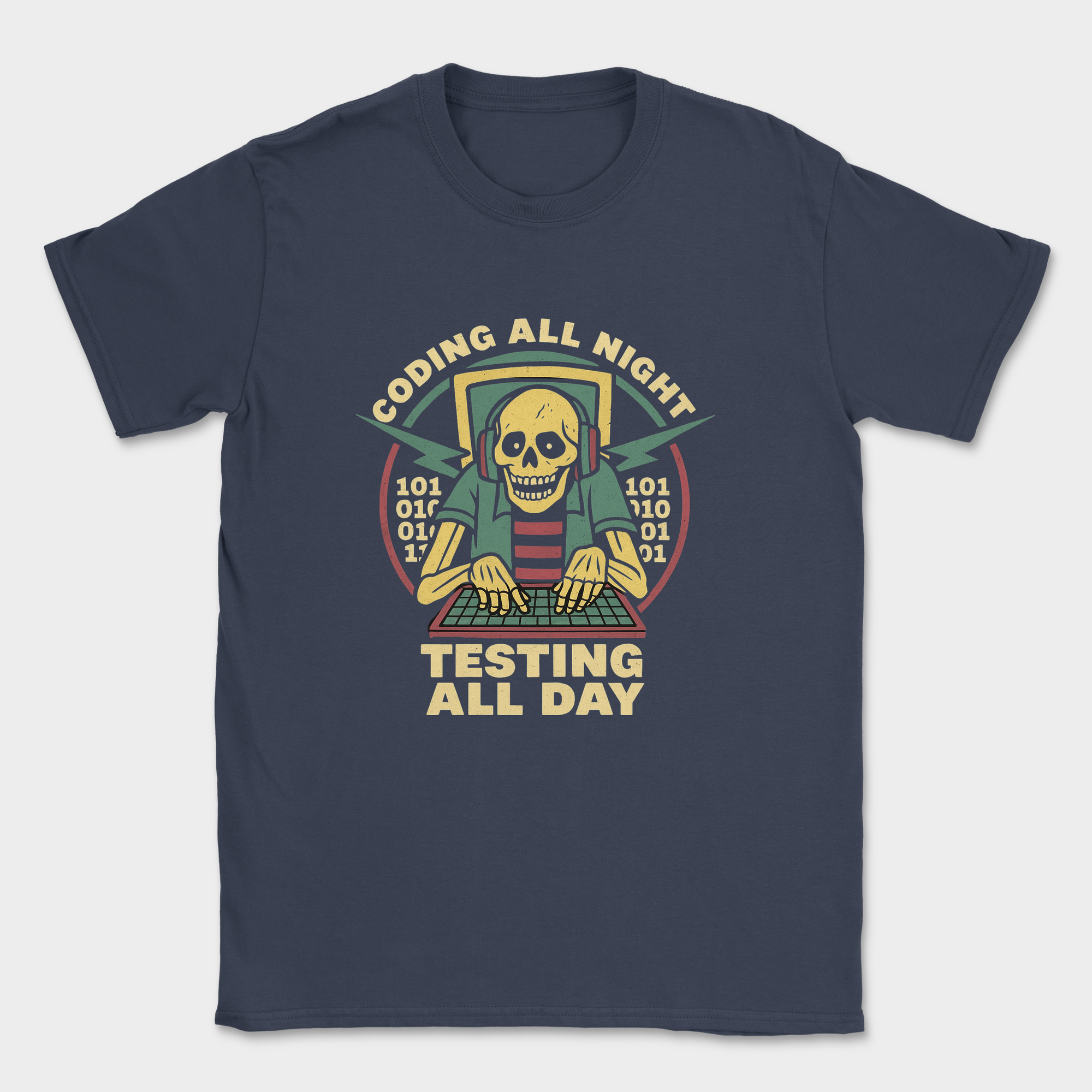 coding all night testing all day shirt — Navy