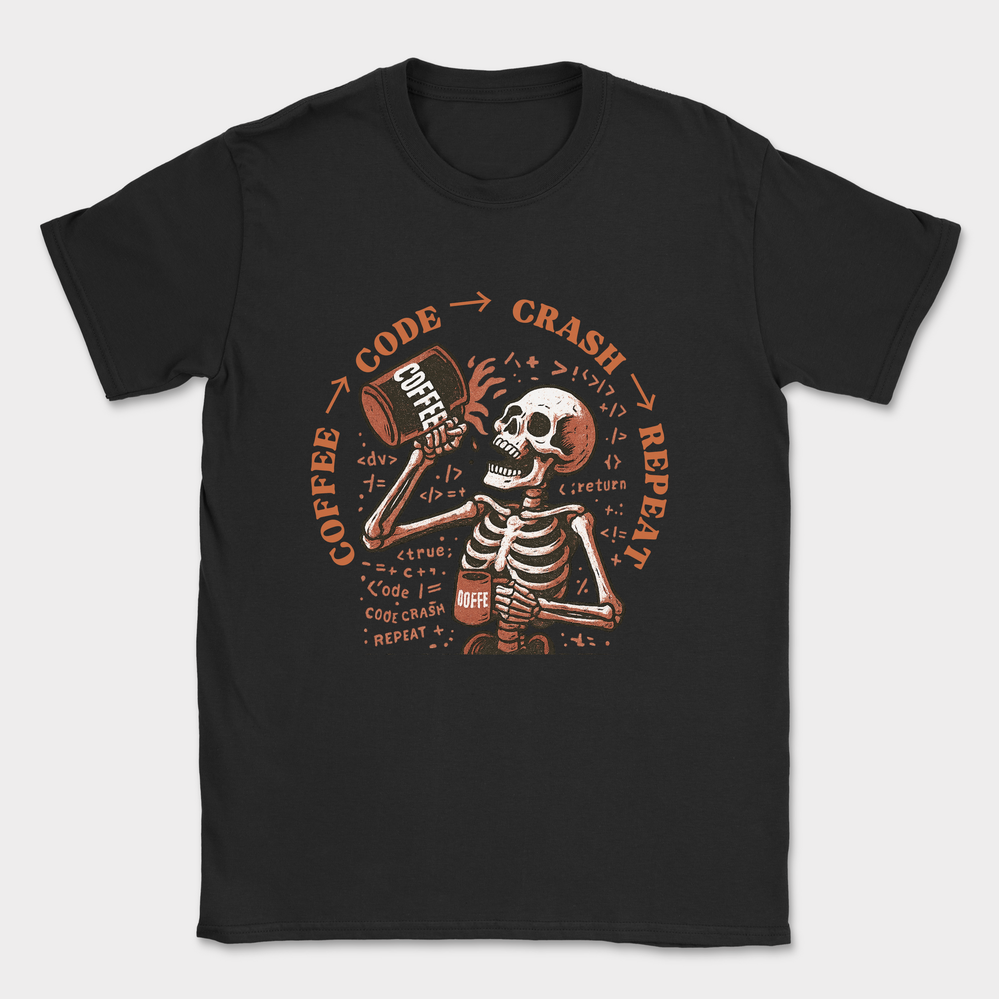 coffee code crash repeat skeleton shirt — Black