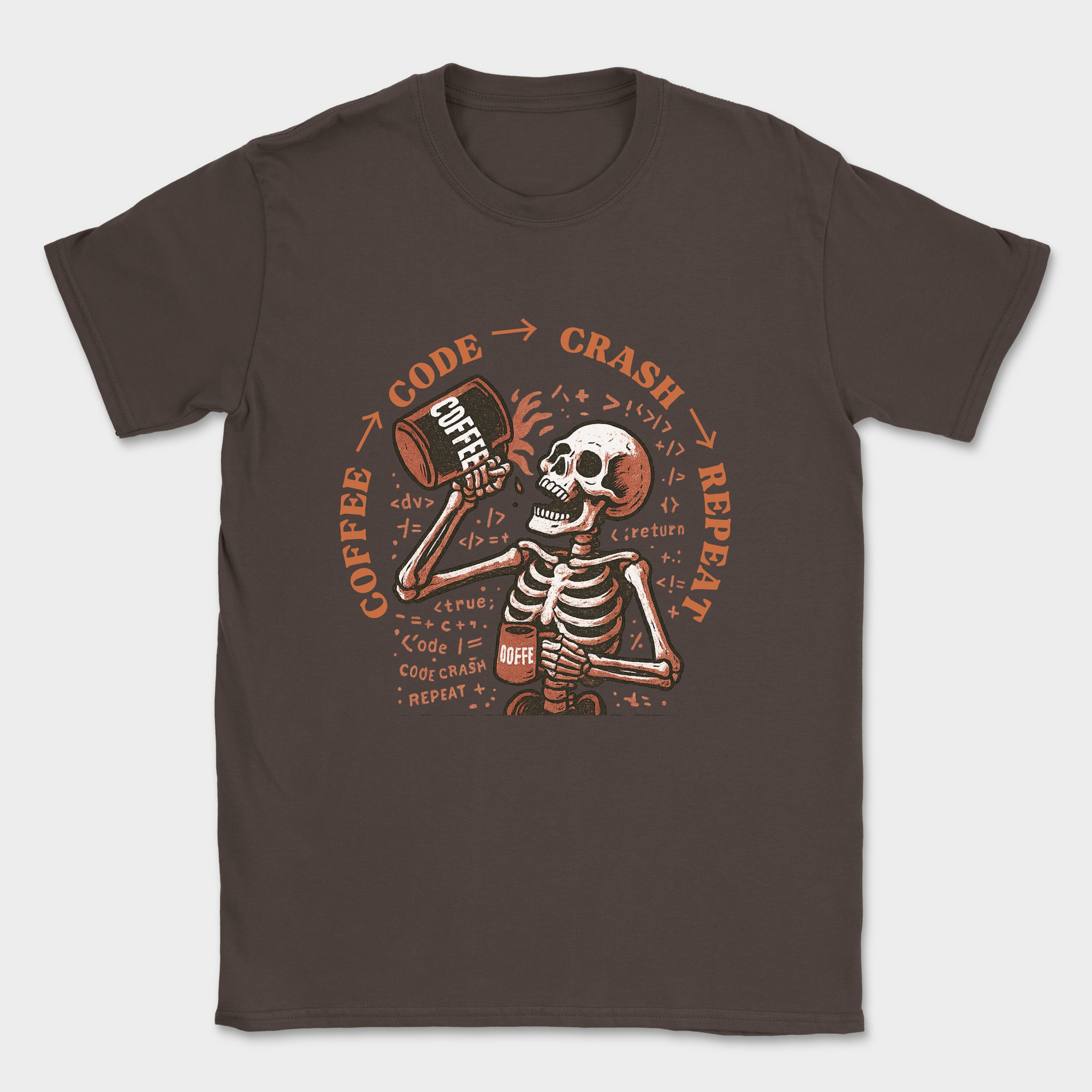 coffee code crash repeat skeleton shirt — Dark Chocolate