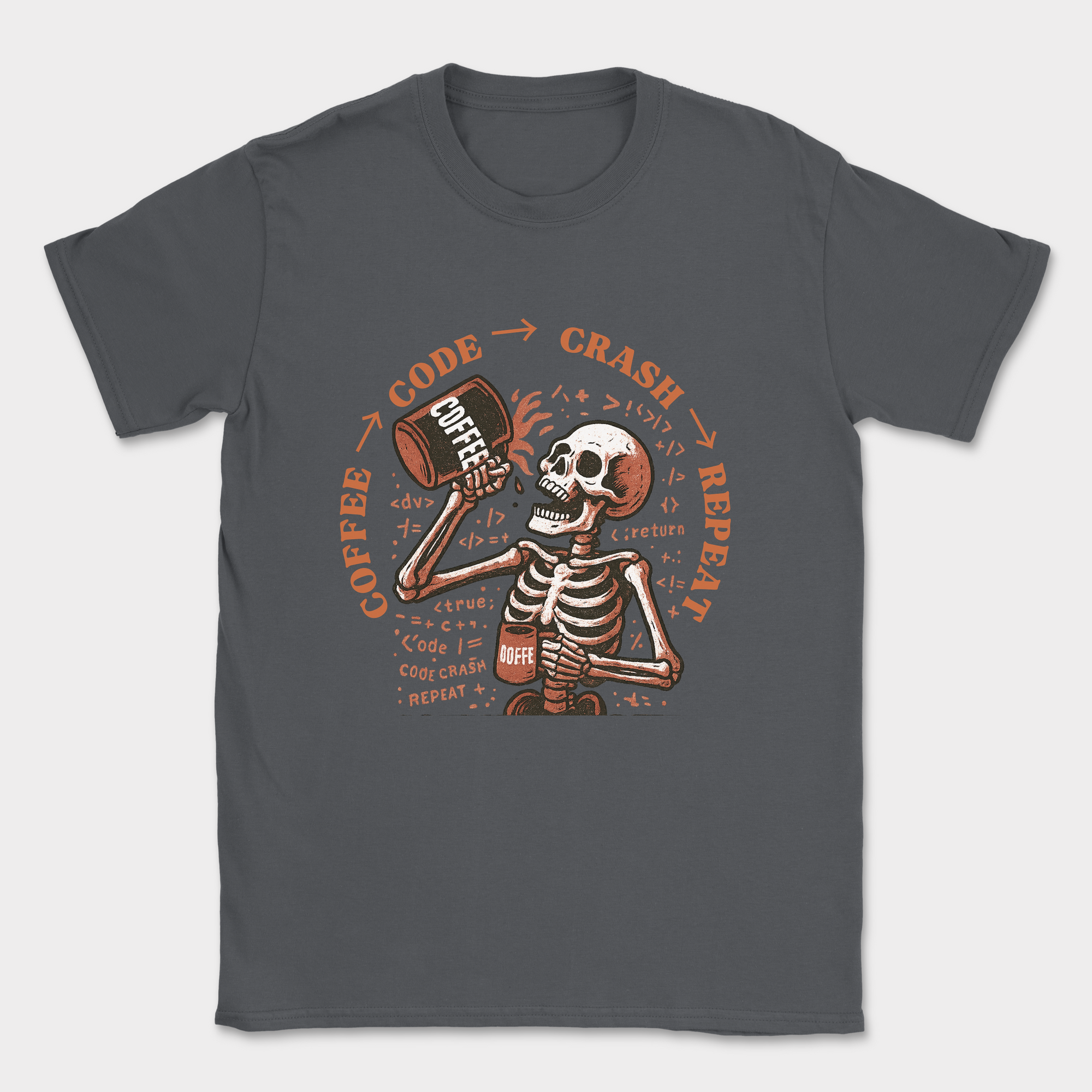 coffee code crash repeat skeleton shirt — Dark Heather Grey
