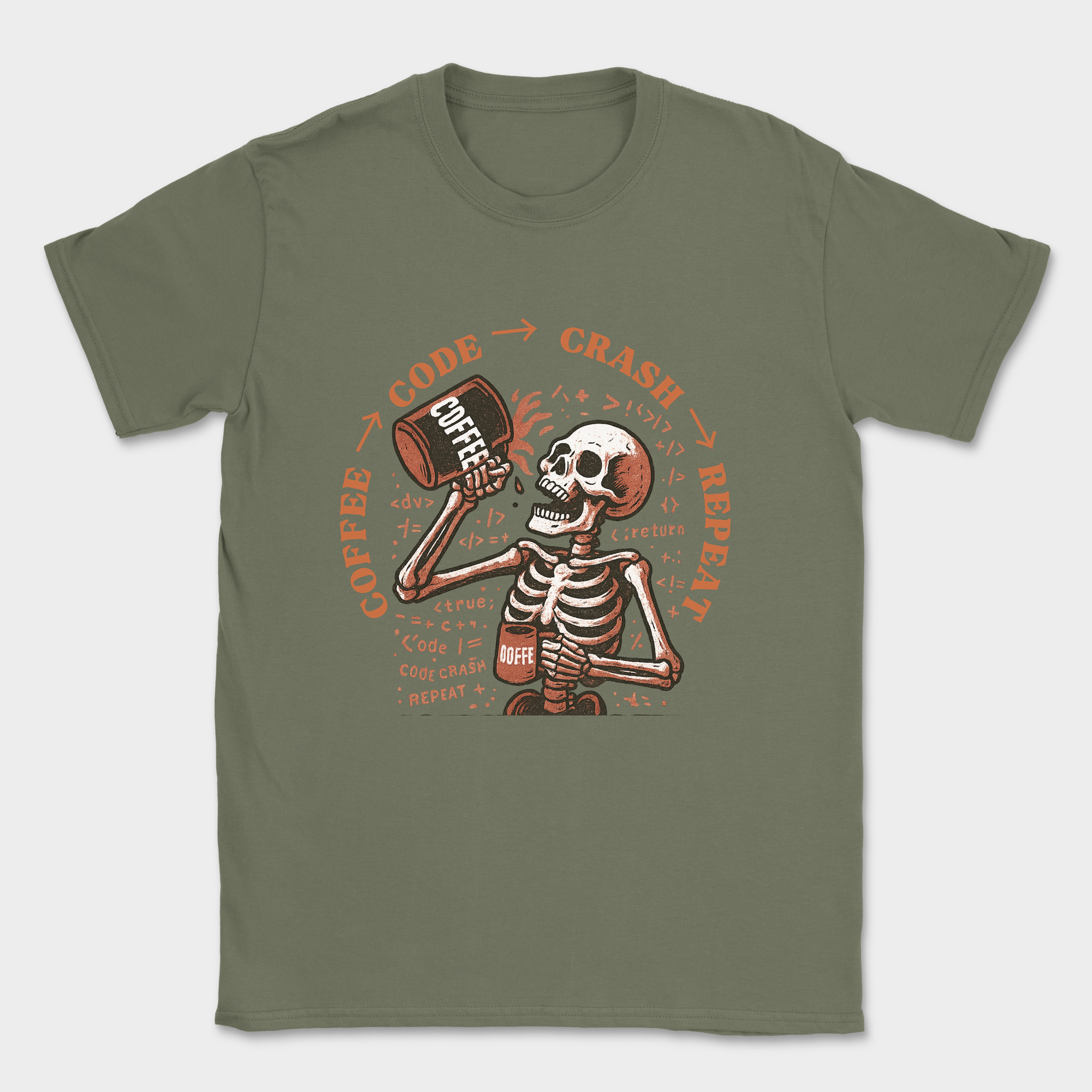 coffee code crash repeat skeleton shirt — Military Green