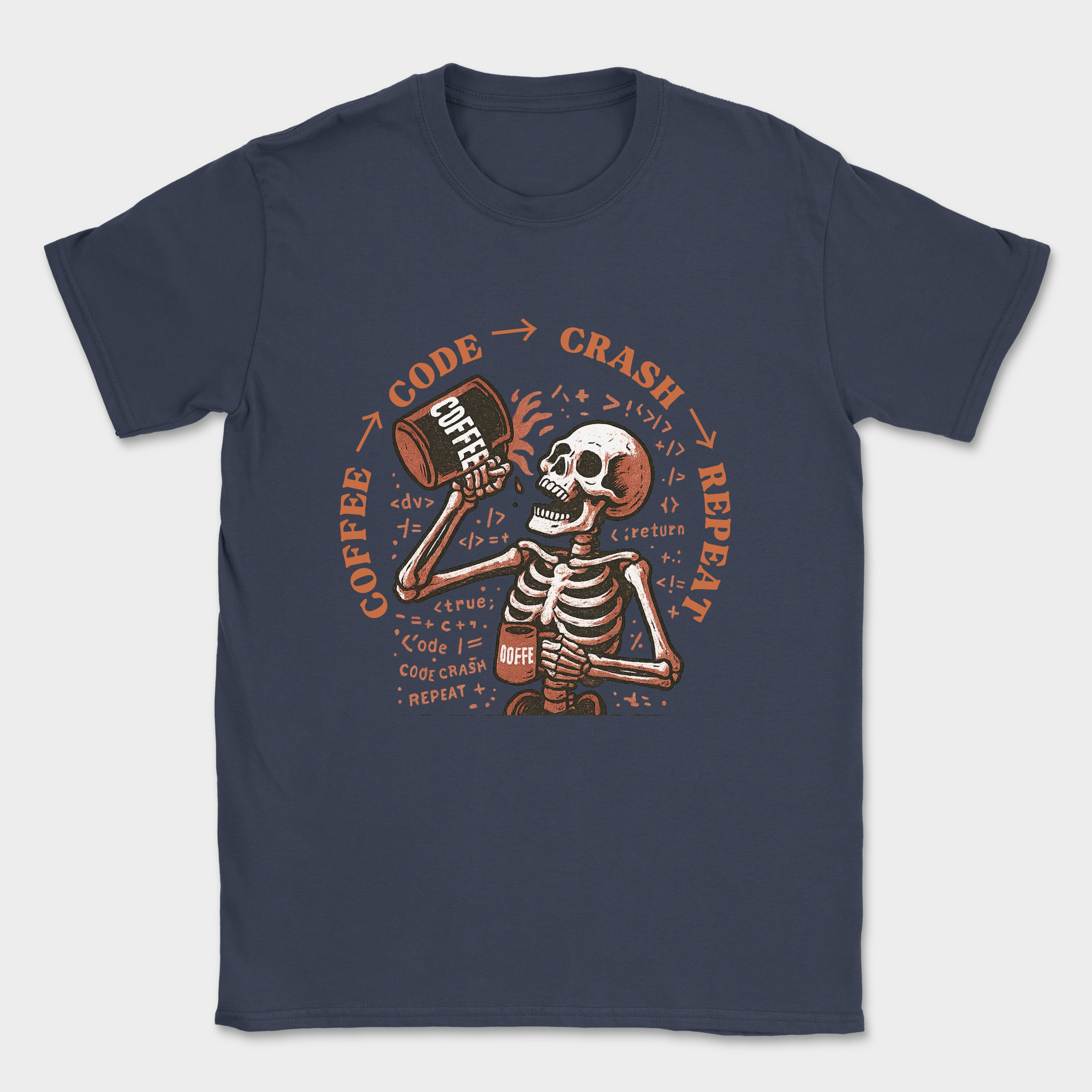 coffee code crash repeat skeleton shirt — Navy