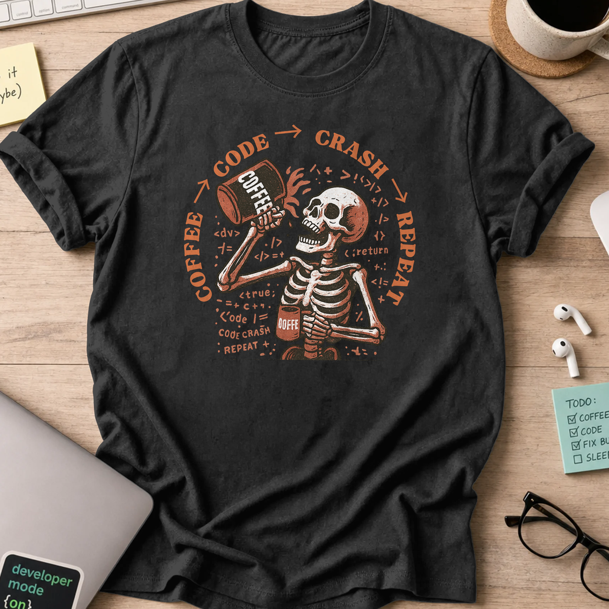 coffee code crash repeat skeleton shirt - Black