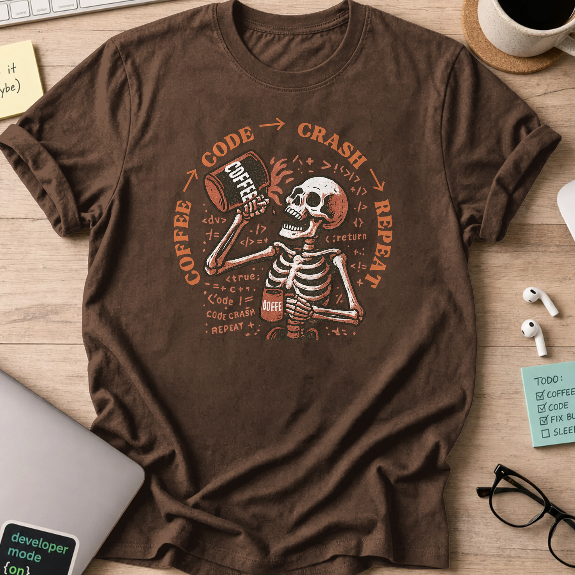 coffee code crash repeat skeleton shirt - Dark Chocolate