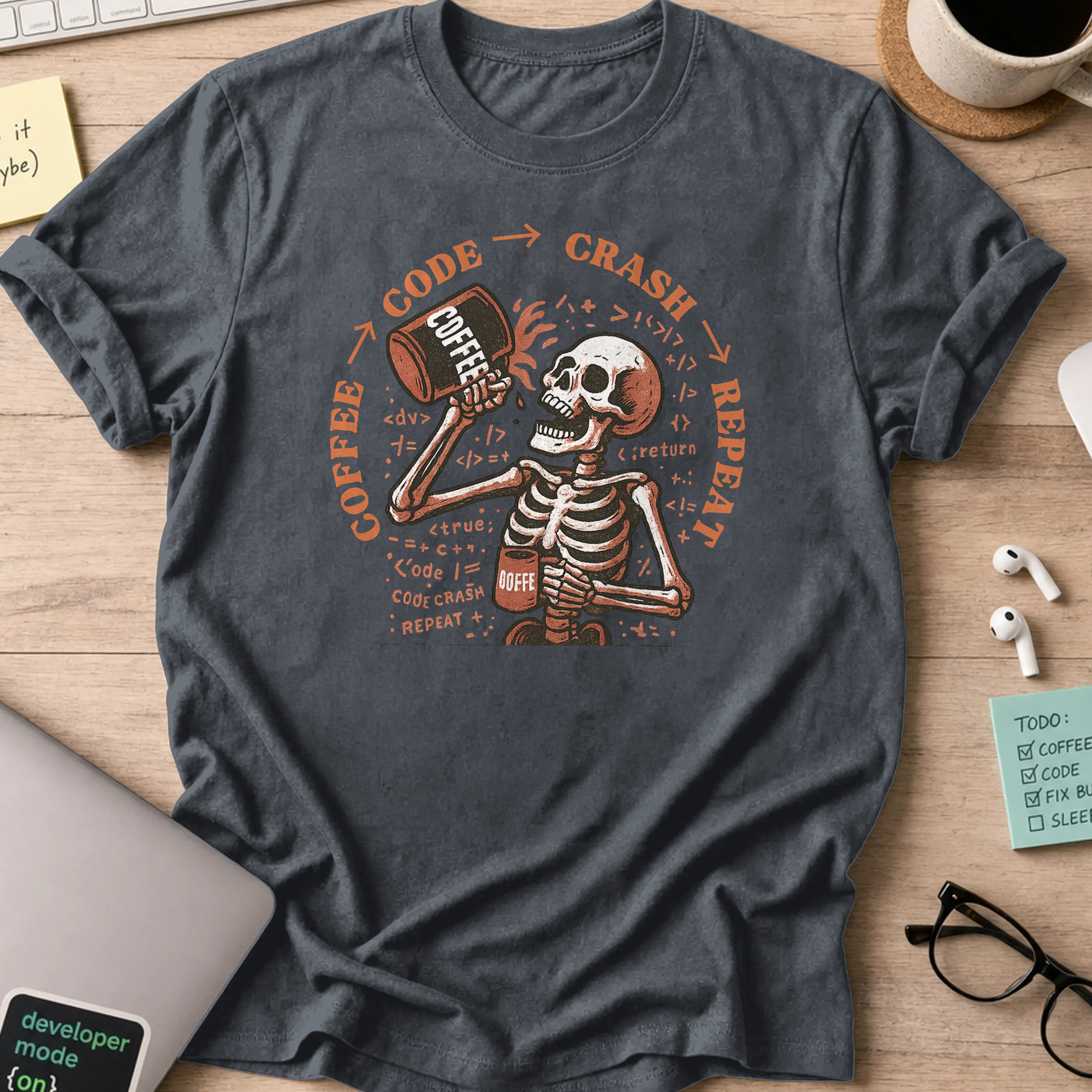 coffee code crash repeat skeleton shirt - Dark Heather
