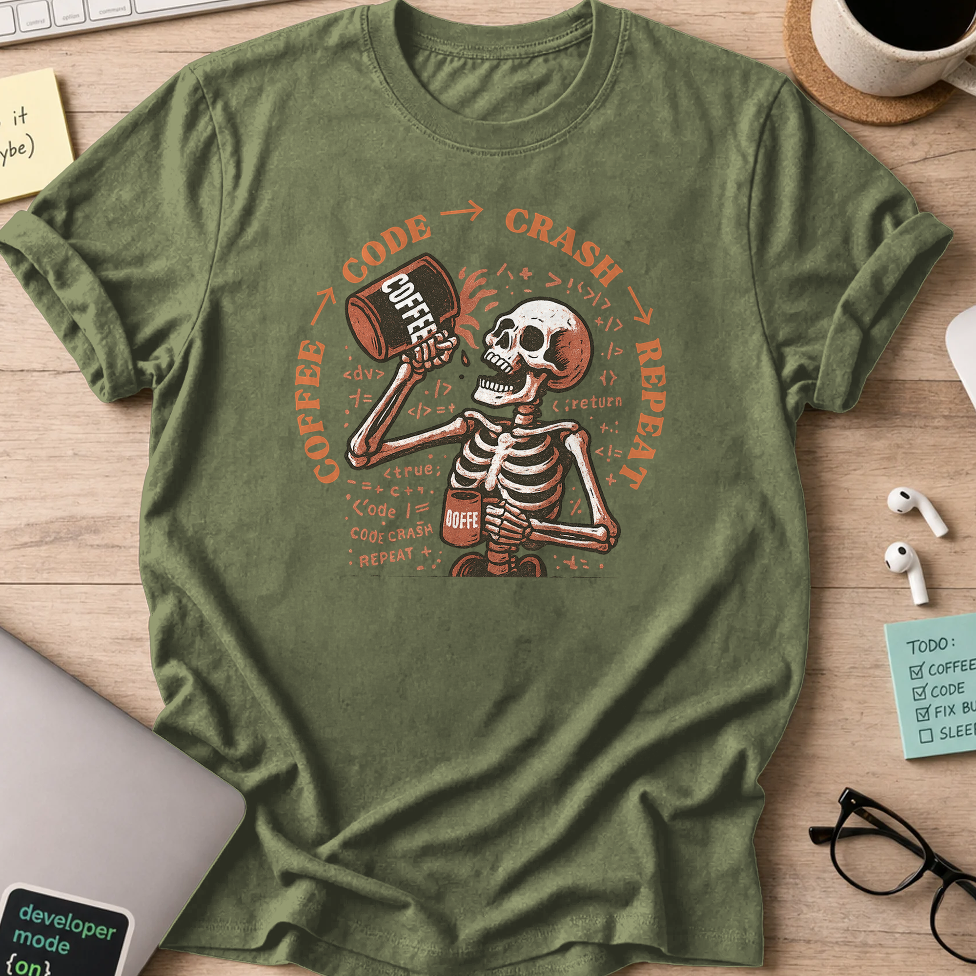 coffee code crash repeat skeleton shirt - Military Green