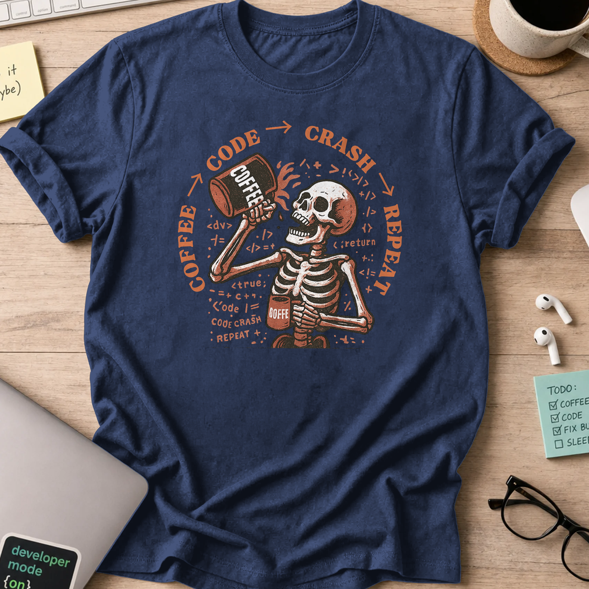coffee code crash repeat skeleton shirt - Navy