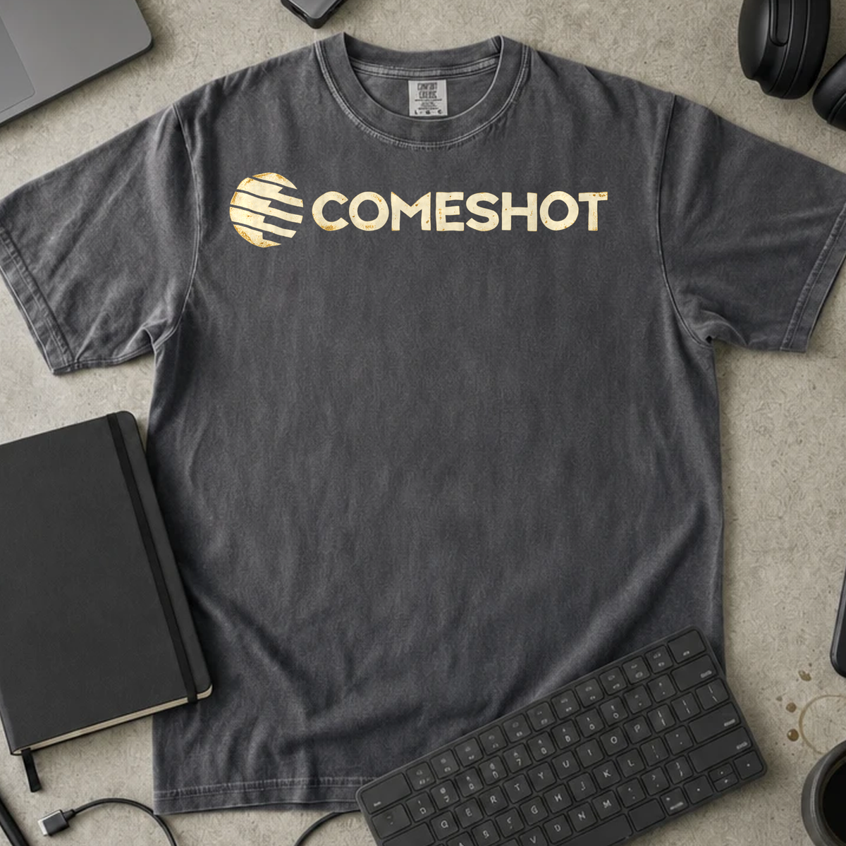 Comeshot Shirt — Pepper Comfort Colors 1717 flat lay